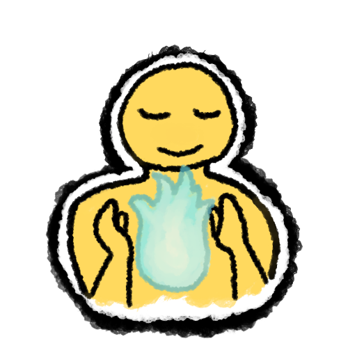  yellow emoji person from the torso up, outlined in black and white. they are framing a light blue and white flame in front of their chest to represent their soul.